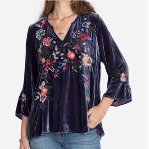 Johnny Was Pina Embroidered Velvet Flutter Sleeve Blouse